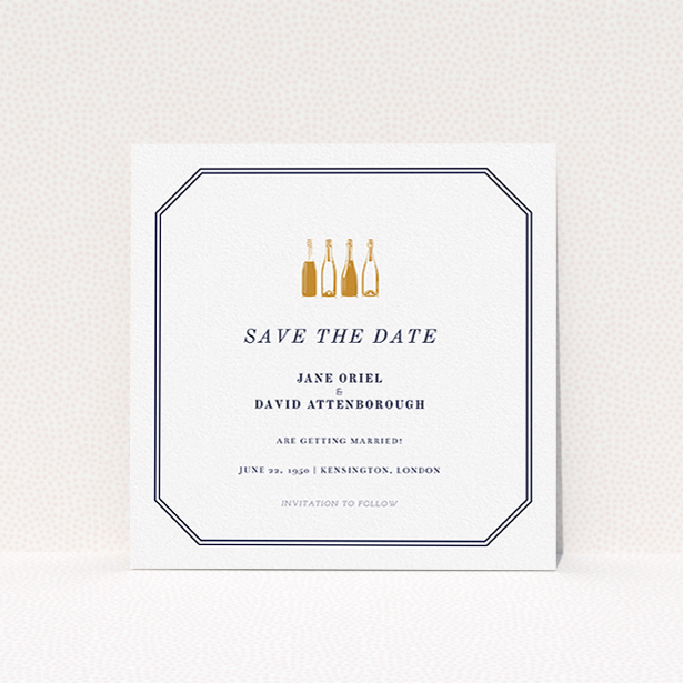 A wedding save the date called "See you at the reception". It is a square (148mm x 148mm) save the date in a square orientation. "See you at the reception" is available as a flat save the date, with tones of navy blue and white.