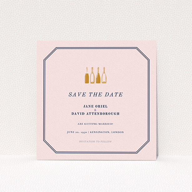 A wedding save the date design titled "See you at the reception". It is a square (148mm x 148mm) save the date in a square orientation. "See you at the reception" is available as a flat save the date, with mainly pink colouring.