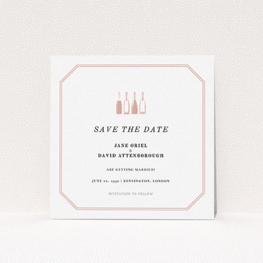 A wedding save the date design named "See you at the reception". It is a square (148mm x 148mm) save the date in a square orientation. "See you at the reception" is available as a flat save the date, with tones of pink and white.