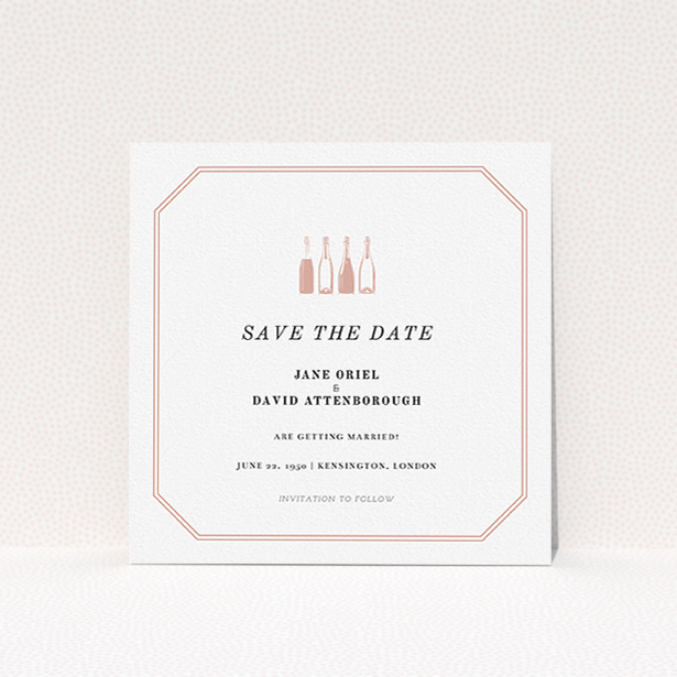 A wedding save the date design named "See you at the reception". It is a square (148mm x 148mm) save the date in a square orientation. "See you at the reception" is available as a flat save the date, with tones of pink and white.