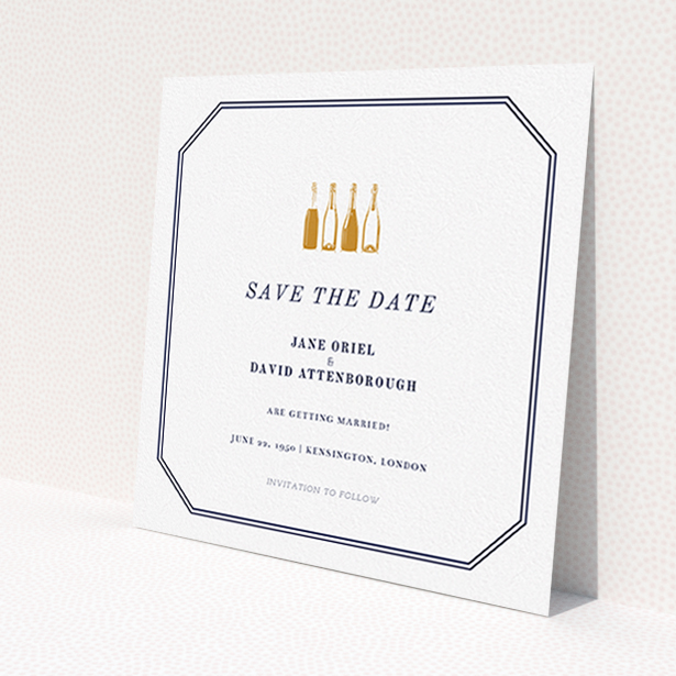 A wedding save the date called "See you at the reception". It is a square (148mm x 148mm) save the date in a square orientation. "See you at the reception" is available as a flat save the date, with tones of navy blue and white.