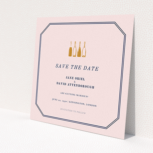 A wedding save the date design titled 'See you at the reception'. It is a square (148mm x 148mm) save the date in a square orientation. 'See you at the reception' is available as a flat save the date, with mainly pink colouring.