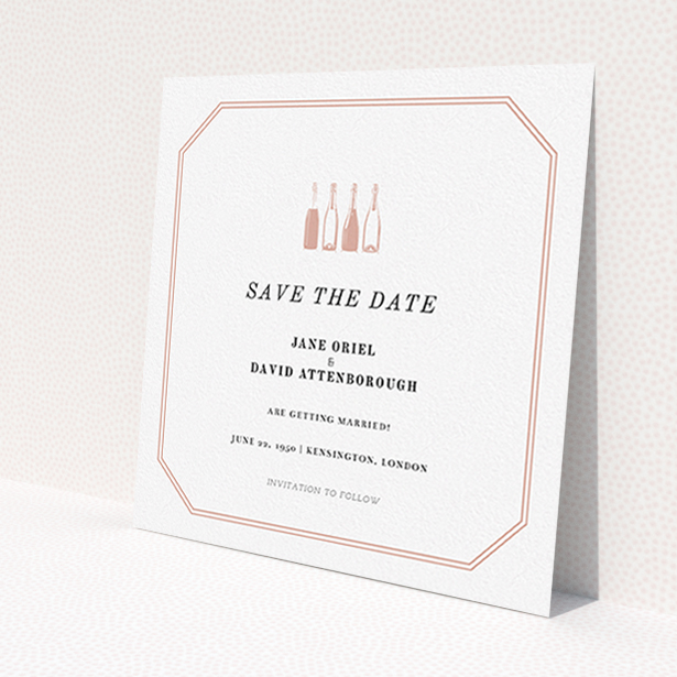 A wedding save the date design named "See you at the reception". It is a square (148mm x 148mm) save the date in a square orientation. "See you at the reception" is available as a flat save the date, with tones of pink and white.