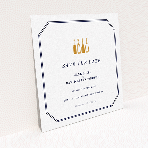 A wedding save the date called "See you at the reception". It is a square (148mm x 148mm) save the date in a square orientation. "See you at the reception" is available as a flat save the date, with tones of navy blue and white.