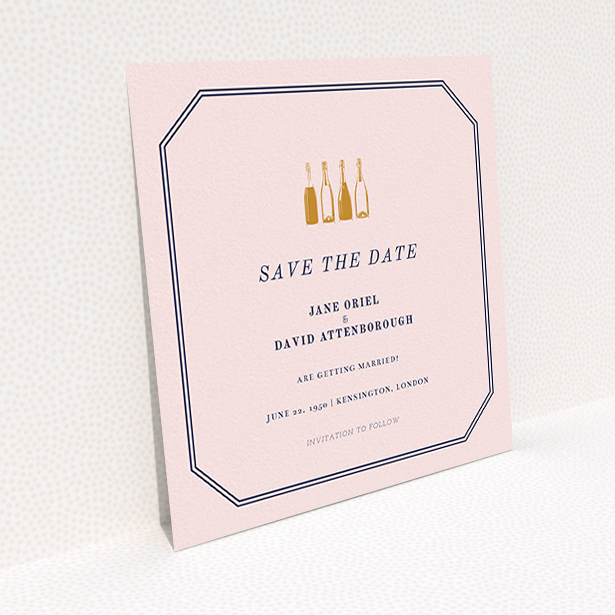 A wedding save the date design titled "See you at the reception". It is a square (148mm x 148mm) save the date in a square orientation. "See you at the reception" is available as a flat save the date, with mainly pink colouring.