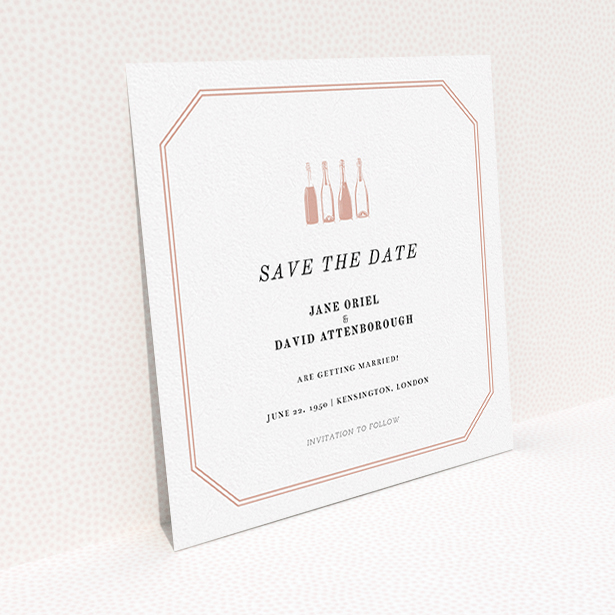 A wedding save the date design named "See you at the reception". It is a square (148mm x 148mm) save the date in a square orientation. "See you at the reception" is available as a flat save the date, with tones of pink and white.