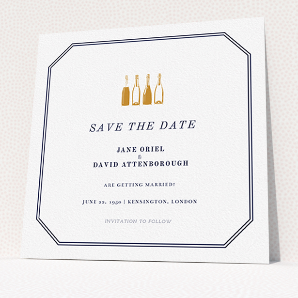 A wedding save the date called "See you at the reception". It is a square (148mm x 148mm) save the date in a square orientation. "See you at the reception" is available as a flat save the date, with tones of navy blue and white.