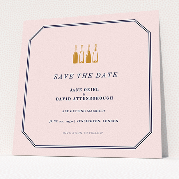 A wedding save the date design titled "See you at the reception". It is a square (148mm x 148mm) save the date in a square orientation. "See you at the reception" is available as a flat save the date, with mainly pink colouring.