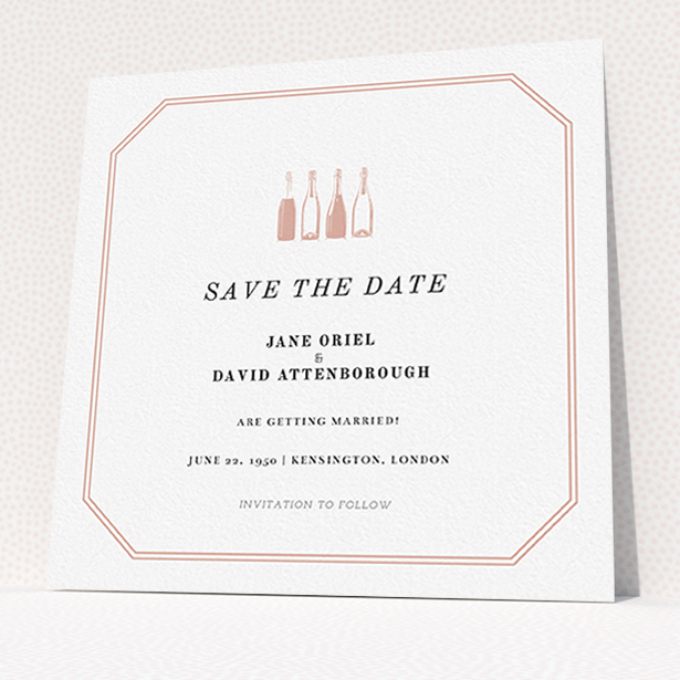 A wedding save the date design named "See you at the reception". It is a square (148mm x 148mm) save the date in a square orientation. "See you at the reception" is available as a flat save the date, with tones of pink and white.