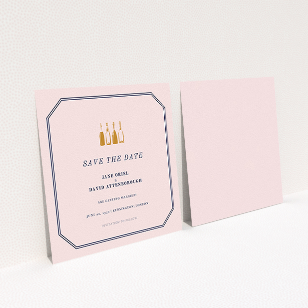 A wedding save the date design titled "See you at the reception". It is a square (148mm x 148mm) save the date in a square orientation. "See you at the reception" is available as a flat save the date, with mainly pink colouring.
