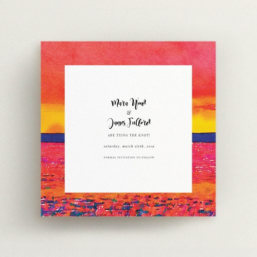 A wedding save the date design named "Setting Sun". It is a square (148mm x 148mm) save the date in a square orientation. "Setting Sun" is available as a flat save the date, with tones of red, yellow and navy blue.