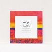 A wedding save the date design named "Setting Sun". It is a square (148mm x 148mm) save the date in a square orientation. "Setting Sun" is available as a flat save the date, with tones of red, yellow and navy blue.