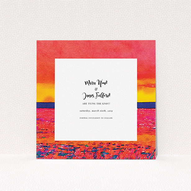 A wedding save the date design named "Setting Sun". It is a square (148mm x 148mm) save the date in a square orientation. "Setting Sun" is available as a flat save the date, with tones of red, yellow and navy blue.
