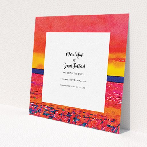 A wedding save the date design named 'Setting Sun'. It is a square (148mm x 148mm) save the date in a square orientation. 'Setting Sun' is available as a flat save the date, with tones of red, yellow and navy blue.