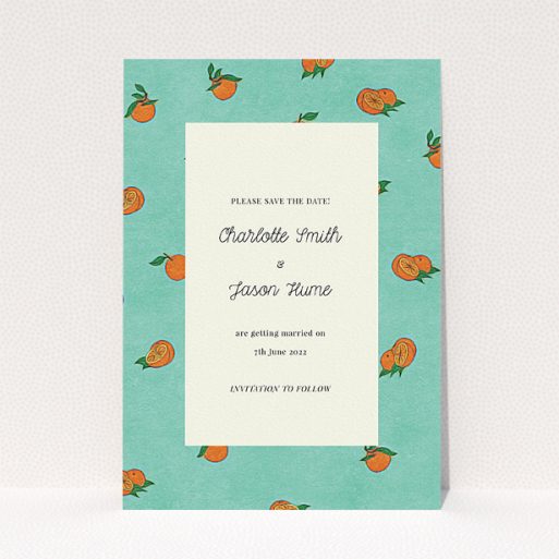 A wedding save the date design named "Seville". It is an A5 save the date in a portrait orientation. "Seville" is available as a flat save the date, with tones of green and orange.