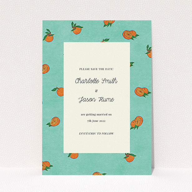 A wedding save the date design named "Seville". It is an A5 save the date in a portrait orientation. "Seville" is available as a flat save the date, with tones of green and orange.