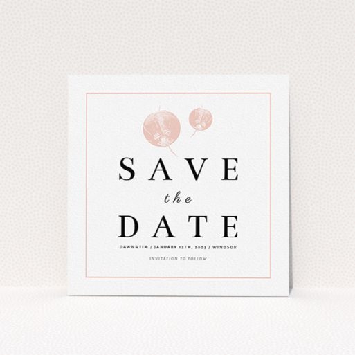 A wedding save the date called "Shanghai Nights". It is a square (148mm x 148mm) save the date in a square orientation. "Shanghai Nights" is available as a flat save the date, with tones of pink and white.