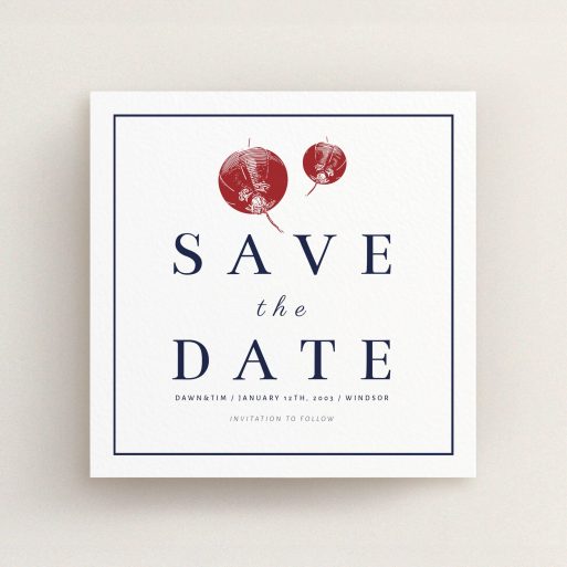 A wedding save the date design called "Shanghai Nights". It is a square (148mm x 148mm) save the date in a square orientation. "Shanghai Nights" is available as a flat save the date, with tones of red and white.