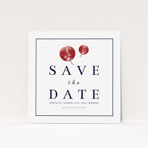 A wedding save the date design called "Shanghai Nights". It is a square (148mm x 148mm) save the date in a square orientation. "Shanghai Nights" is available as a flat save the date, with tones of red and white.