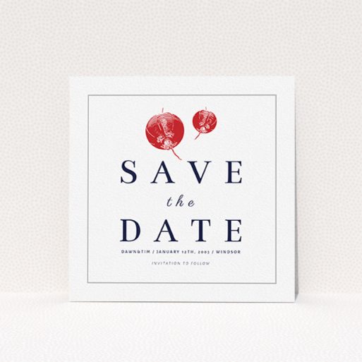 A wedding save the date design called "Shanghai Nights". It is a square (148mm x 148mm) save the date in a square orientation. "Shanghai Nights" is available as a flat save the date, with tones of red and white.