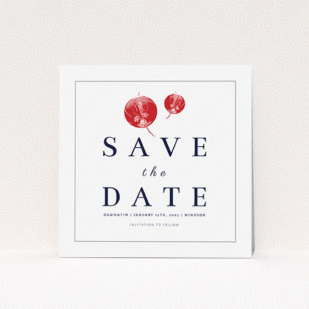 A wedding save the date design called "Shanghai Nights". It is a square (148mm x 148mm) save the date in a square orientation. "Shanghai Nights" is available as a flat save the date, with tones of red and white.