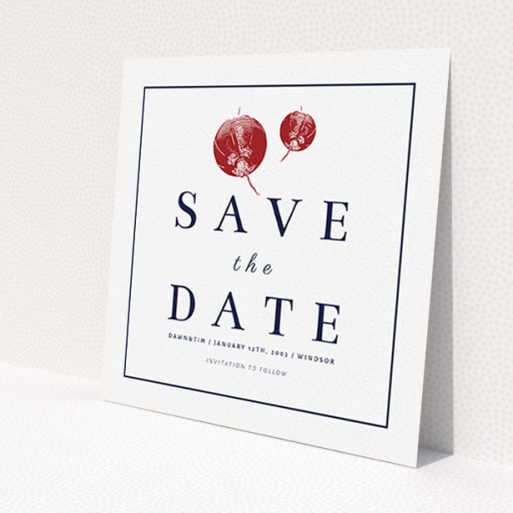 A wedding save the date design called 'Shanghai Nights'. It is a square (148mm x 148mm) save the date in a square orientation. 'Shanghai Nights' is available as a flat save the date, with tones of red and white.