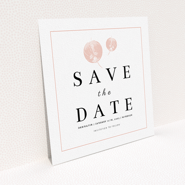 A wedding save the date called "Shanghai Nights". It is a square (148mm x 148mm) save the date in a square orientation. "Shanghai Nights" is available as a flat save the date, with tones of pink and white.