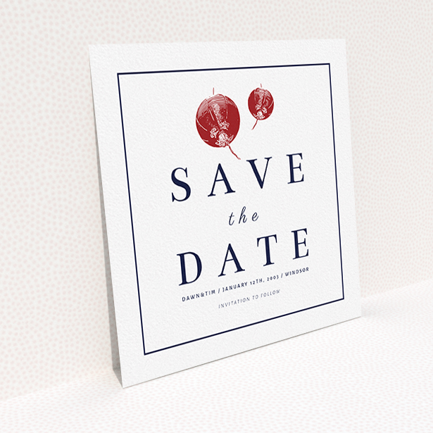 A wedding save the date design called "Shanghai Nights". It is a square (148mm x 148mm) save the date in a square orientation. "Shanghai Nights" is available as a flat save the date, with tones of red and white.
