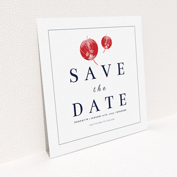 A wedding save the date design called "Shanghai Nights". It is a square (148mm x 148mm) save the date in a square orientation. "Shanghai Nights" is available as a flat save the date, with tones of red and white.