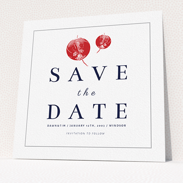 A wedding save the date design called "Shanghai Nights". It is a square (148mm x 148mm) save the date in a square orientation. "Shanghai Nights" is available as a flat save the date, with tones of red and white.