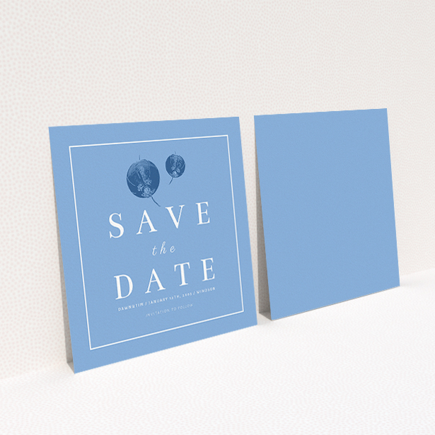 A wedding save the date called "Shanghai Nights". It is a square (148mm x 148mm) save the date in a square orientation. "Shanghai Nights" is available as a flat save the date, with mainly blue colouring.