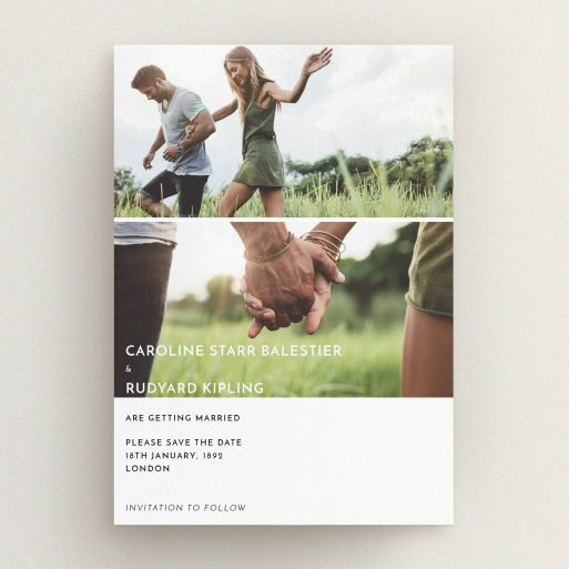 A wedding save the date design named "Side-by-side". It is an A5 save the date in a portrait orientation. It is a photographic wedding save the date with room for 2 photos. "Side-by-side" is available as a flat save the date, with mainly white colouring.