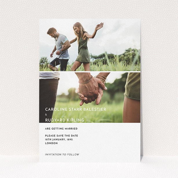 A wedding save the date design named "Side-by-side". It is an A5 save the date in a portrait orientation. It is a photographic wedding save the date with room for 2 photos. "Side-by-side" is available as a flat save the date, with mainly white colouring.