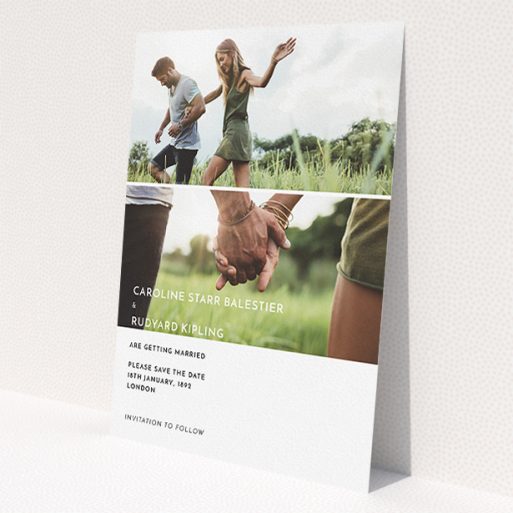 A wedding save the date design named 'Side-by-side'. It is an A5 save the date in a portrait orientation. It is a photographic wedding save the date with room for 2 photos. 'Side-by-side' is available as a flat save the date, with mainly white colouring.