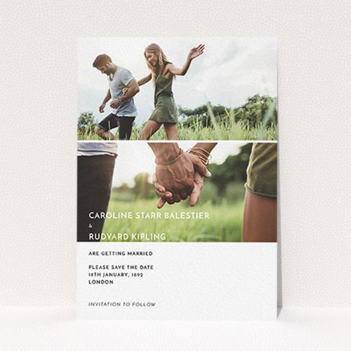 A wedding save the date called "Side-by-side". It is an A6 save the date in a portrait orientation. It is a photographic wedding save the date with room for 2 photos. "Side-by-side" is available as a flat save the date, with mainly white colouring.