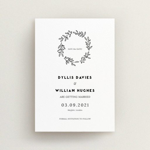 A wedding save the date design titled "Simple Wreath". It is an A6 save the date in a portrait orientation. "Simple Wreath" is available as a flat save the date, with mainly white colouring.