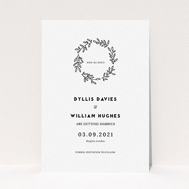 A wedding save the date design titled "Simple Wreath". It is an A6 save the date in a portrait orientation. "Simple Wreath" is available as a flat save the date, with mainly white colouring.