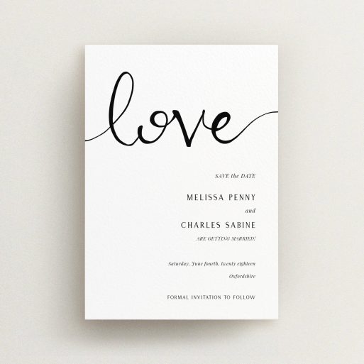 A wedding save the date design titled "Simply Love". It is an A6 save the date in a portrait orientation. "Simply Love" is available as a flat save the date, with tones of white and black.