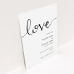 A wedding save the date design titled "Simply Love". It is an A6 save the date in a portrait orientation. "Simply Love" is available as a flat save the date, with tones of white and black.