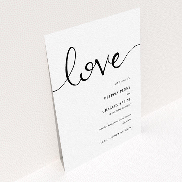 A wedding save the date design titled "Simply Love". It is an A6 save the date in a portrait orientation. "Simply Love" is available as a flat save the date, with tones of white and black.