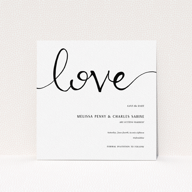 A wedding save the date template titled "Simply Love". It is a square (148mm x 148mm) save the date in a square orientation. "Simply Love" is available as a flat save the date, with tones of white and black.