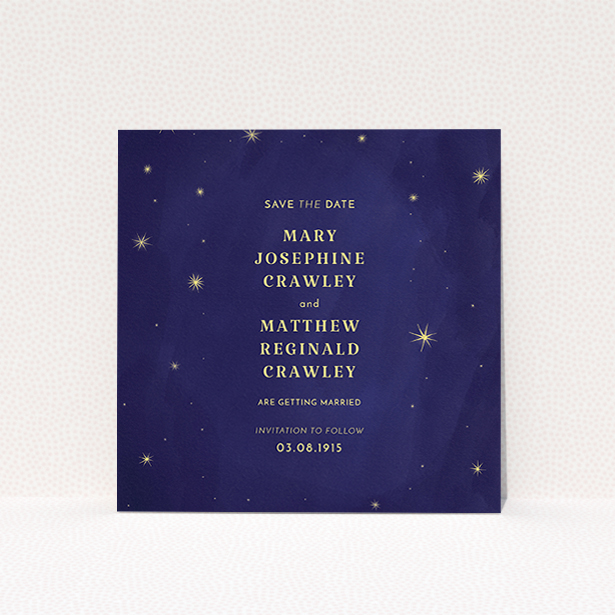 A wedding save the date design titled "Sky at night". It is a square (148mm x 148mm) save the date in a square orientation. "Sky at night" is available as a flat save the date, with tones of midnight blue and yellow.