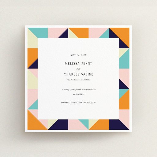 A wedding save the date named "Sloane Squares". It is a square (148mm x 148mm) save the date in a square orientation. "Sloane Squares" is available as a flat save the date, with mainly orange colouring.