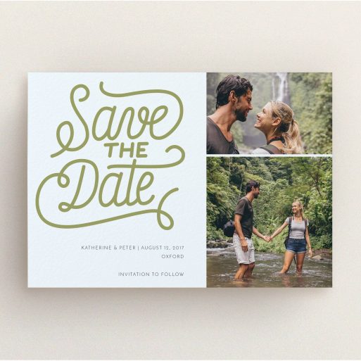 A wedding save the date named "Square of Typography Landscape". It is an A5 save the date in a landscape orientation. It is a photographic wedding save the date with room for 2 photos. "Square of Typography Landscape" is available as a flat save the date, with tones of blue and faded gold.