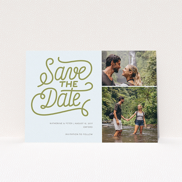A wedding save the date named "Square of Typography Landscape". It is an A5 save the date in a landscape orientation. It is a photographic wedding save the date with room for 2 photos. "Square of Typography Landscape" is available as a flat save the date, with tones of blue and faded gold.
