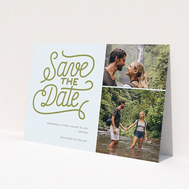 A wedding save the date named 'Square of Typography Landscape'. It is an A5 save the date in a landscape orientation. It is a photographic wedding save the date with room for 2 photos. 'Square of Typography Landscape' is available as a flat save the date, with tones of blue and faded gold.