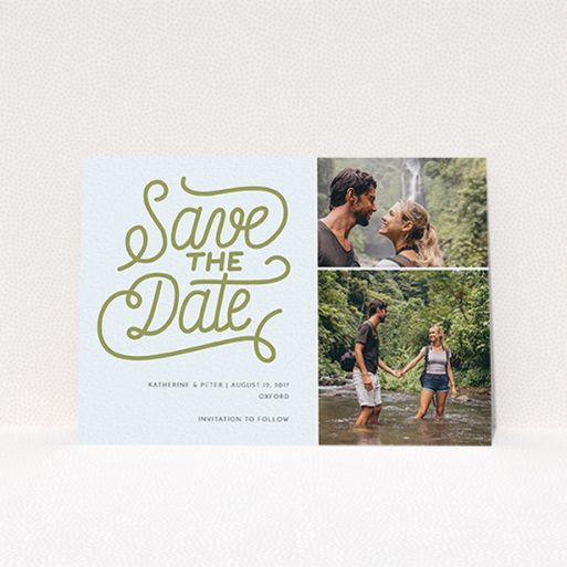 A wedding save the date named "Square of Typography Landscape". It is an A6 save the date in a landscape orientation. It is a photographic wedding save the date with room for 2 photos. "Square of Typography Landscape" is available as a flat save the date, with tones of blue and faded gold.