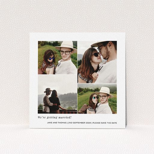A wedding save the date design named "Stacked Photos". It is a square (148mm x 148mm) save the date in a square orientation. It is a photographic wedding save the date with room for 4 photos. "Stacked Photos" is available as a flat save the date, with mainly white colouring.