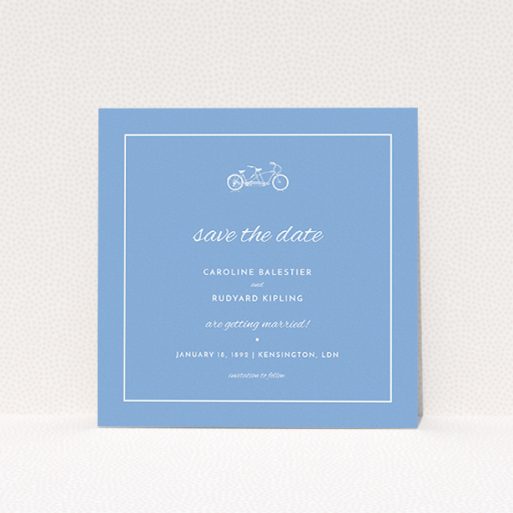 A wedding save the date named "Tandem sheet". It is a square (148mm x 148mm) save the date in a square orientation. "Tandem sheet" is available as a flat save the date, with tones of blue and white.