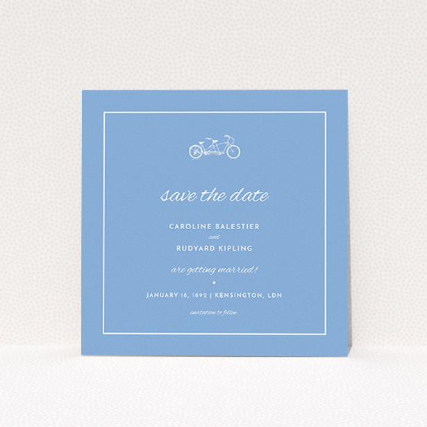 A wedding save the date named "Tandem sheet". It is a square (148mm x 148mm) save the date in a square orientation. "Tandem sheet" is available as a flat save the date, with tones of blue and white.